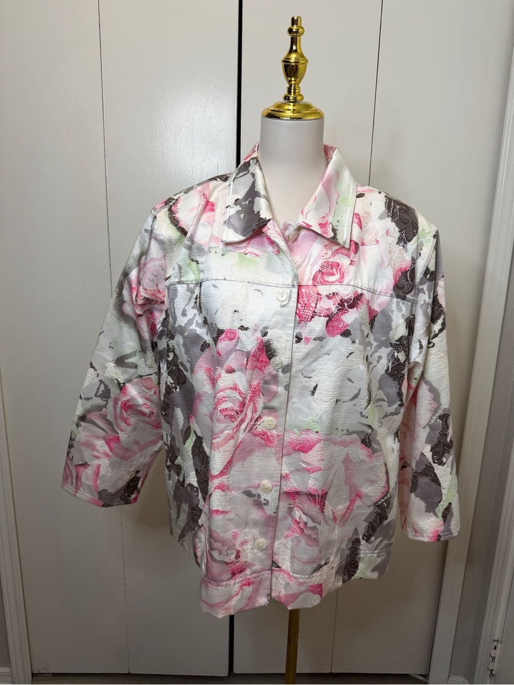 Floral Pink and Gray Women’s Button-Front Jacket